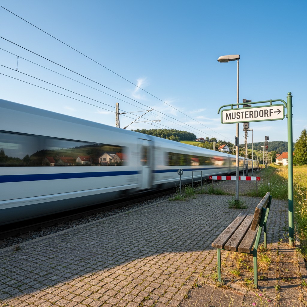 Schnellzug am Bahnsteig in ländlicher Umgebung